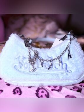 Baby Blue Faux-Fur Logo Shoulder Bag with Silver Charm Chain